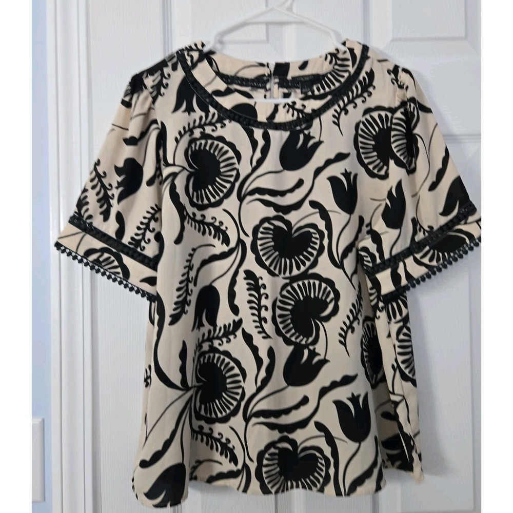 Ann Taylor Short Sleeve Blouse Size Large Tan & Black